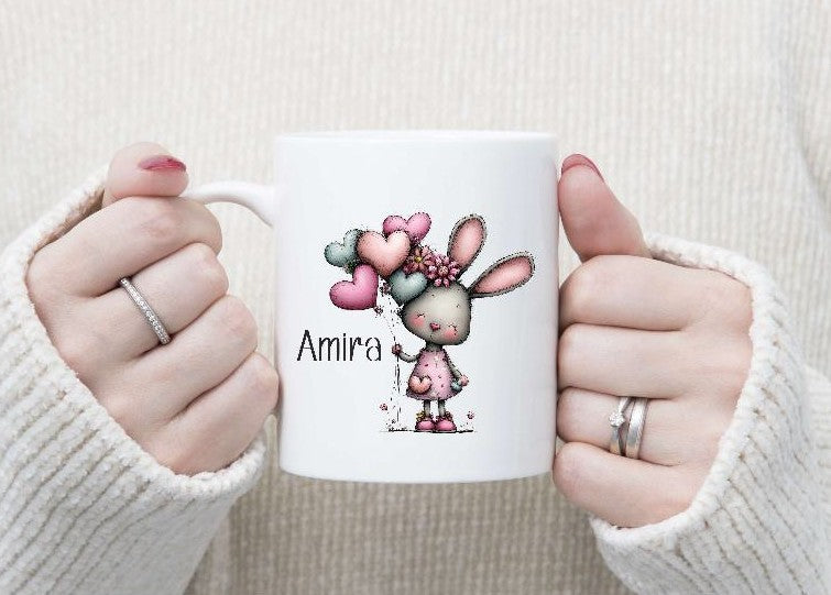 Kindertasse personalisiert mit Namen Hase Mädchen Emaille Keramik Kunststoff Geschenk - CreativMade 
