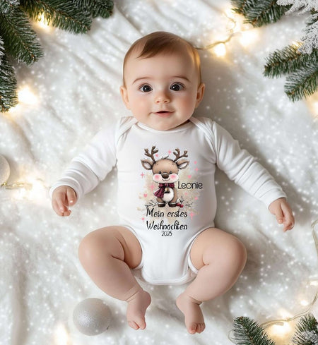 Mein erstes Weihnachten Baby-Body Elch Mädchen – personalisiert Weihnachtsoutfit aus Baumwolle (0–18 Monate) Strampler - CreativMade 