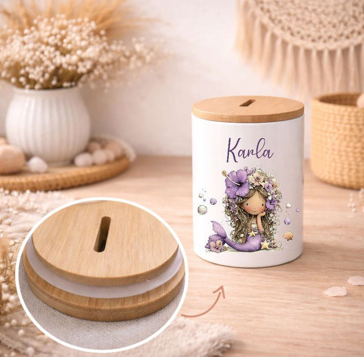 Kinder Spardose mit Name Meerjungfrau – Personalisierte Spardose für Kinder Keramik mit Bambusdeckel für Mädchen | CreativMade .