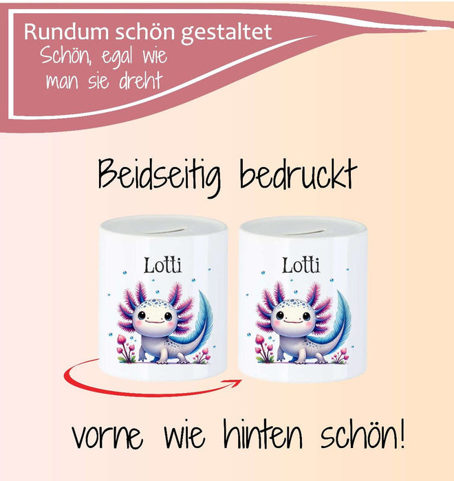 Personalisierte Kinderspardose mit Namen Axolotl - Keramik Spardose zur Einschulung, Geburt oder Taufe - CreativMade