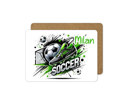 Kinder Tischset personalisiert mit Namen Fußball Jungen - abwischbar und rutschfest Platzdeckchen Platzset Tischunterlage - personalisierte Tasse Emaille oder Keramik - CreativMade 