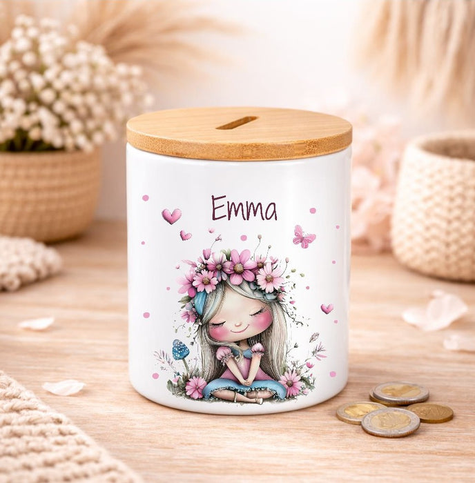 Kinder Spardose mit Name Fee – Personalisierte Spardose für Kinder Keramik mit Bambusdeckel für Mädchen | CreativMade .