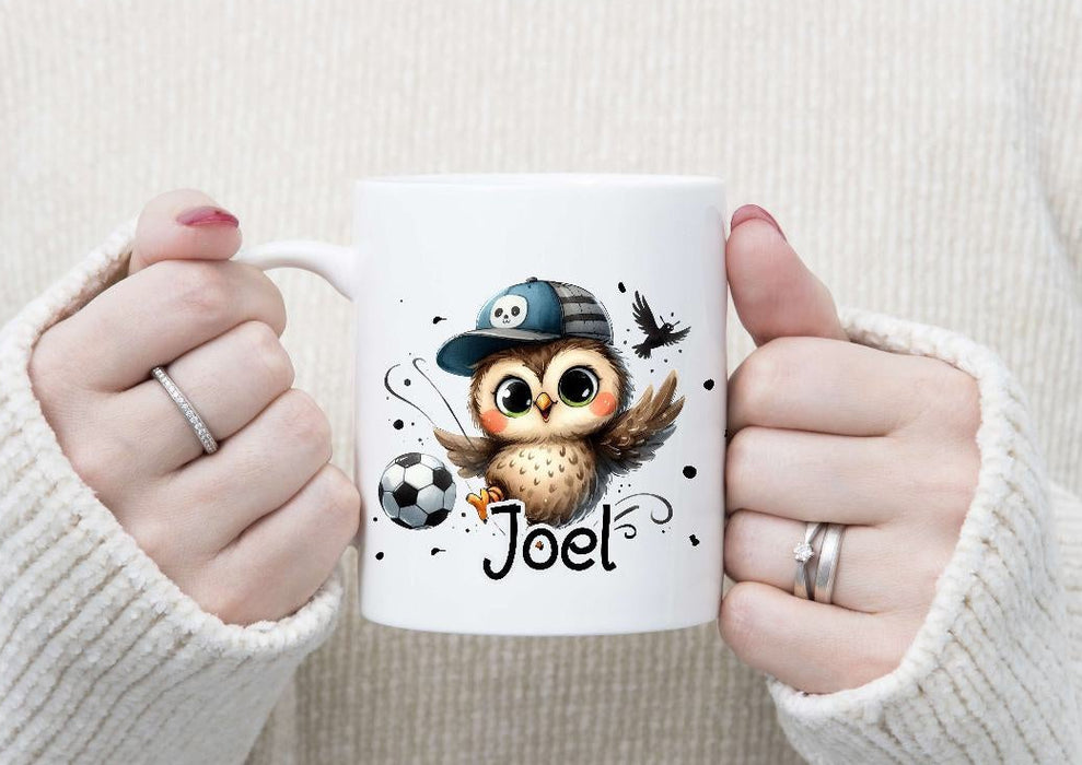 Kinder Tischset personalisiert mit Namen Fußball Eule Jungen - abwischbar und rutschfest Platzdeckchen Platzset Tischunterlage - personalisierte Tasse Emaille oder Keramik - CreativMade 