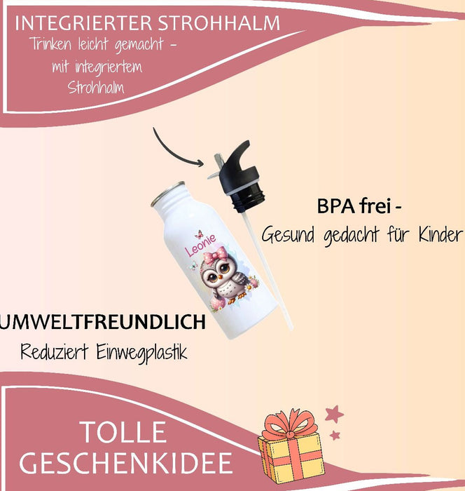 Personalisierte Trinkflasche Kinder Eule -  Edelstahl Trinkflasche mit Name - Strohhalm Geschenk Einschulung Geburtstag - CreativMade 