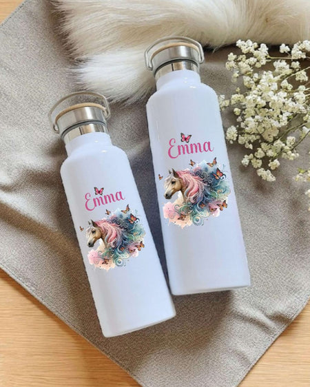 Personalisierte Kinder Trinkflasche mit Namen Pferd – Edelstahl Thermosflasche auslaufsicher für Kindergarten & Schule - CreativMade