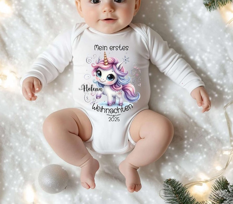 Mein erstes Weihnachten Baby-Body Einhorn Mädchen – personalisiert Weihnachtsoutfit aus Baumwolle (0–18 Monate) Strampler - CreativMade 