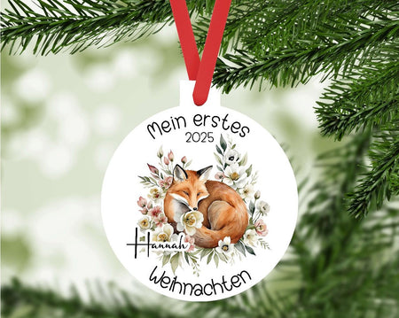 Personalisierter Christbumschmuck & Weihnachtsbaumanhänger Baby Fuchs – Mein erstes Weihnachten mit Namen aus Aluminium Geschenkidee - CreativMade 
