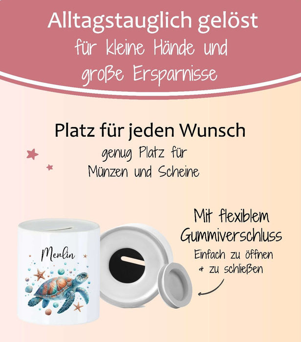Personalisierte Kinderspardose mit Namen Schildkröte - Keramik Spardose zur Einschulung, Geburt oder Taufe - CreativMade