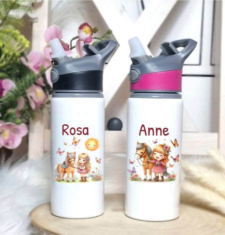 Personalisierte Trinkflasche mit Namen und Strohhalm Pferd Wasserflasche aufklappbares Mundstück - CreativMade