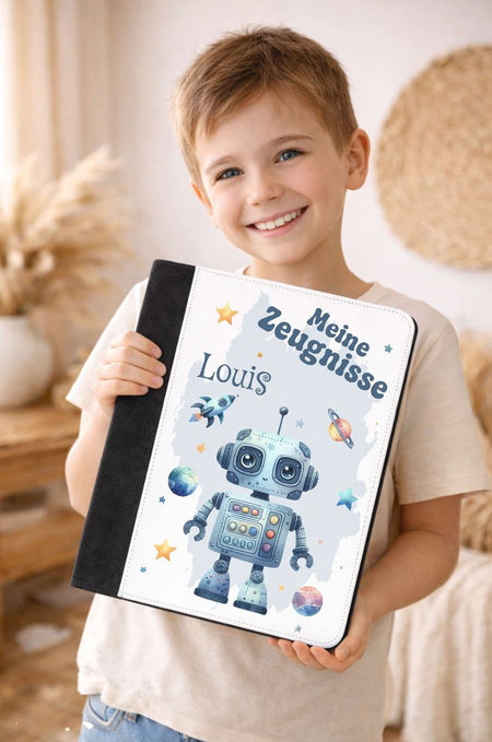 Personalisierte Zeugnismappe mit Namen Roboter – Mappe für Schulzeugnisse A4 | Geschenk zur Einschulung Jungen - CreativMade 