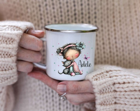 Kindertasse personalisiert mit Namen Katze Mädchen Emaille Keramik Kunststoff Geschenk - CreativMade 