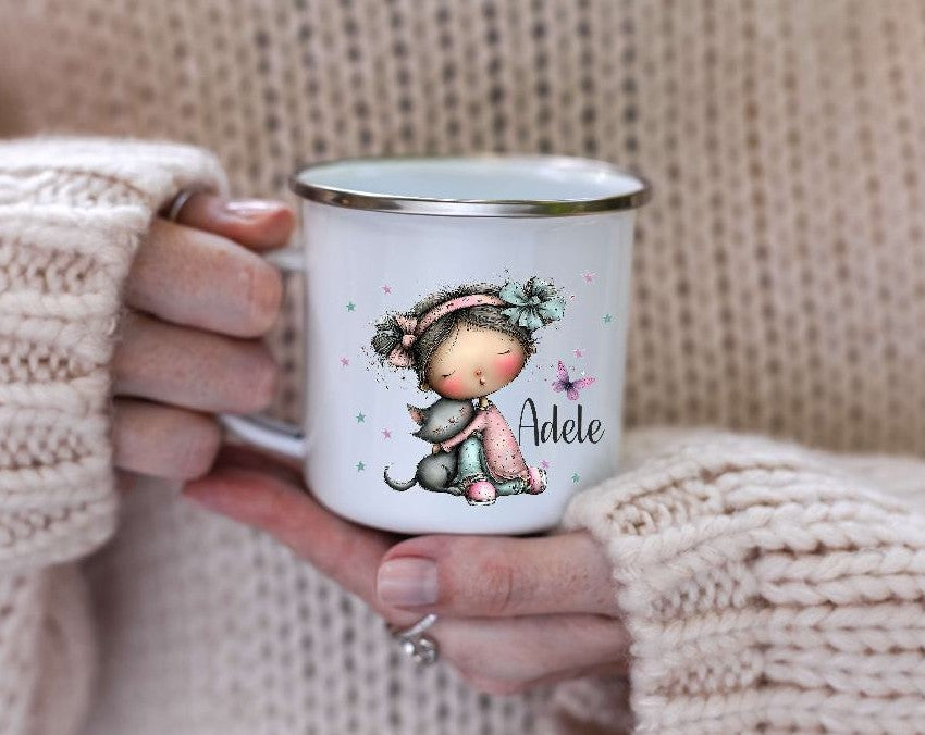 Kindertasse personalisiert mit Namen Katze Mädchen Emaille Keramik Kunststoff Geschenk - CreativMade 