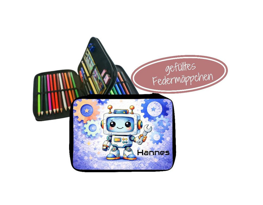 Personalisiertes Federmäppchen mit Name Roboter Jungen Geschenk Einschulung Federmappe Federpenal - CreativMade