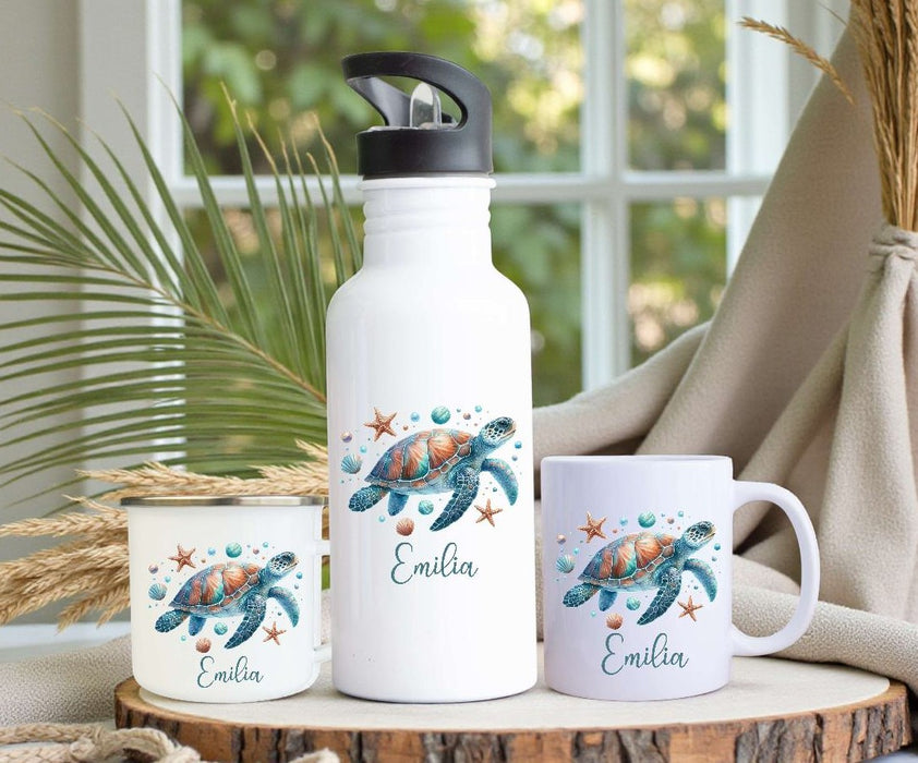 Personalisiertes Kinder Trinkflaschen- & Tassen-Set mit Namen Schildkröte – Edelstahl Trinkflasche 500 ml für Schule & Kindergarten - CreativMade