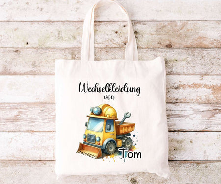 Wechselkleidung Kita Tasche Baustellenfahrzeug personalisiert mit Name Junge Kindergarten Wechselwäsche Beutel - CreativMade 