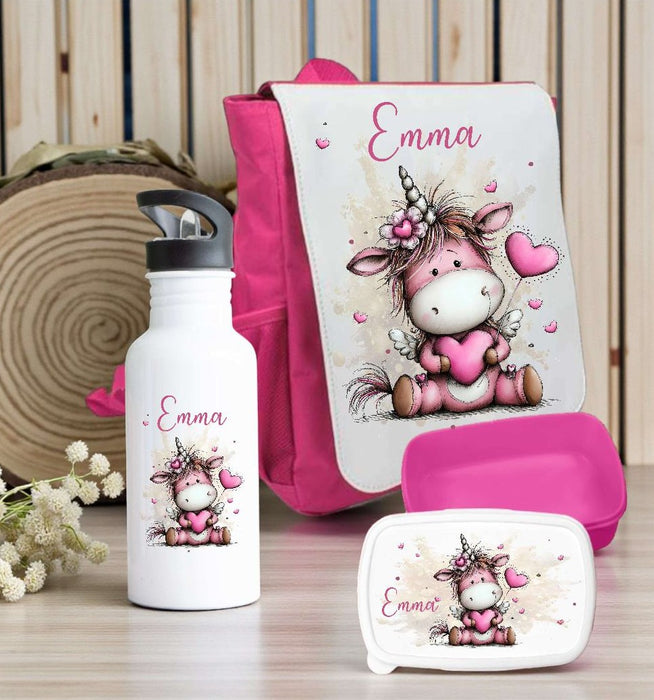 Kindergarten Set personalisiert Einhorn – Rucksack, Trinkflasche & Brotdose mit Namen Kitakind