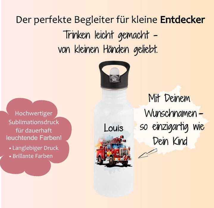 Personalisierte Trinkflasche Kinder Feuerwehrauto -  Edelstahl Trinkflasche mit Name - Strohhalm Geschenk Einschulung Geburtstag - CreativMade 