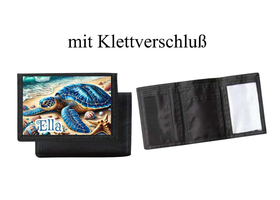 Kinder Geldbeutel personalisiert Schildkröte – Geldbörse mit Namen Klettverschluss oder Reißverschluss Porte­mon­naie - CreativMade