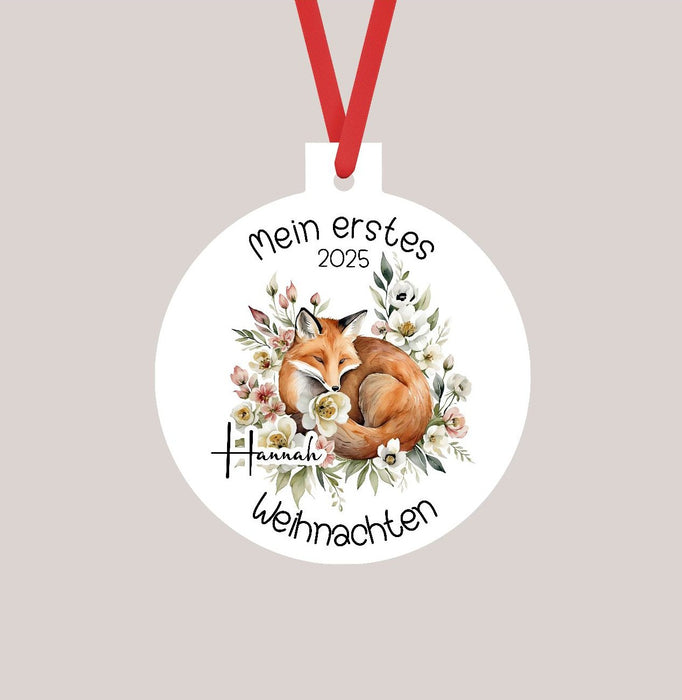 Personalisierter Christbumschmuck & Weihnachtsbaumanhänger Baby Fuchs – Mein erstes Weihnachten mit Namen aus Aluminium Geschenkidee - CreativMade 