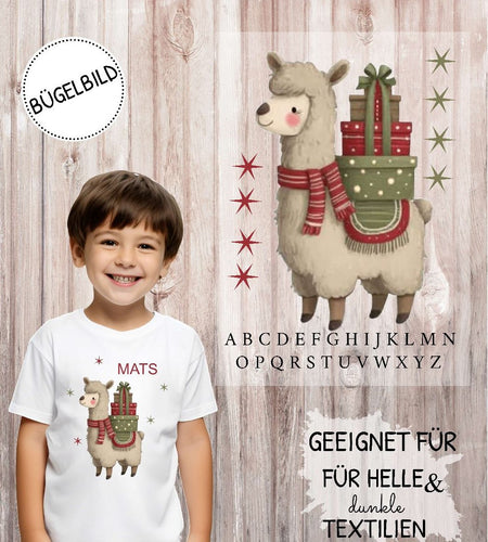Bügelbild Kinder Lama Weihnachten Textilaufbügler DIY Projekt Applikation hochwertiger DTF Ausdruck XL - CreativMade 