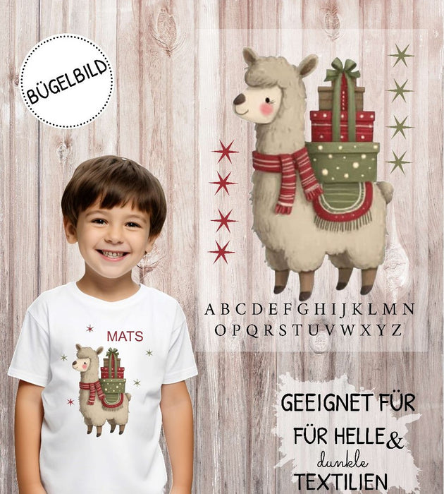 Bügelbild Kinder Lama Weihnachten Textilaufbügler DIY Projekt Applikation hochwertiger DTF Ausdruck XL - CreativMade 