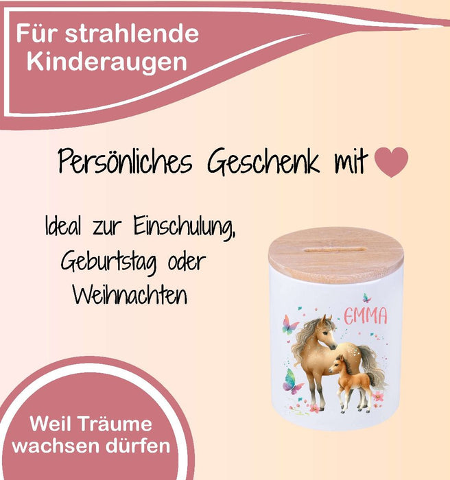 Kinder Spardose mit Name Einhorn – Personalisierte Spardose für Kinder Keramik mit Bambusdeckel für Mädchen | CreativMade .