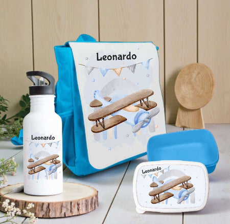 Kindergarten Set personalisiert Flugzeug – Rucksack, Trinkflasche & Brotdose mit Namen Kitakind - CreativMade 