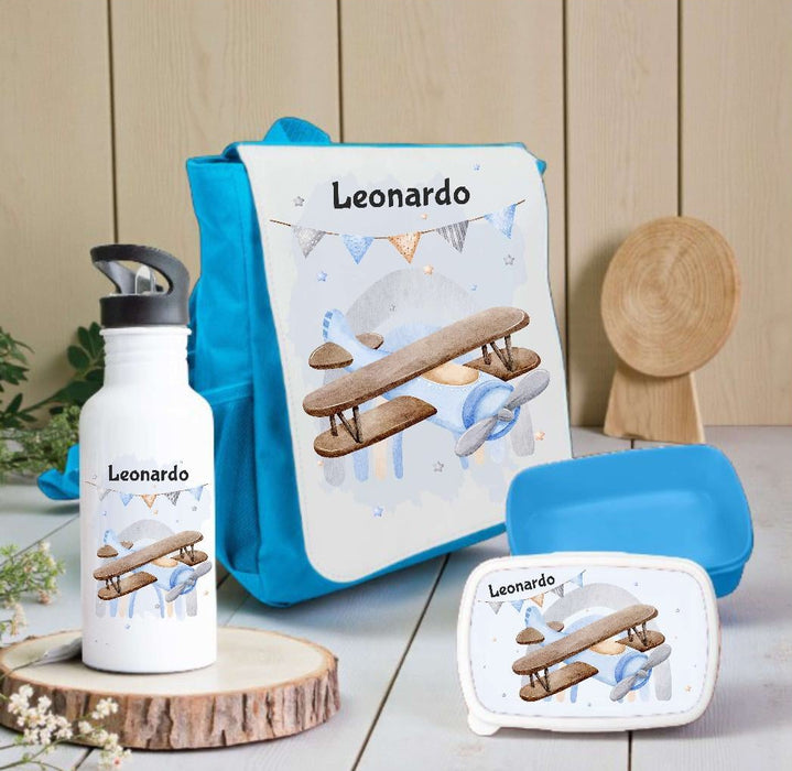 Kindergarten Set personalisiert Flugzeug – Rucksack, Trinkflasche & Brotdose mit Namen Kitakind - CreativMade 