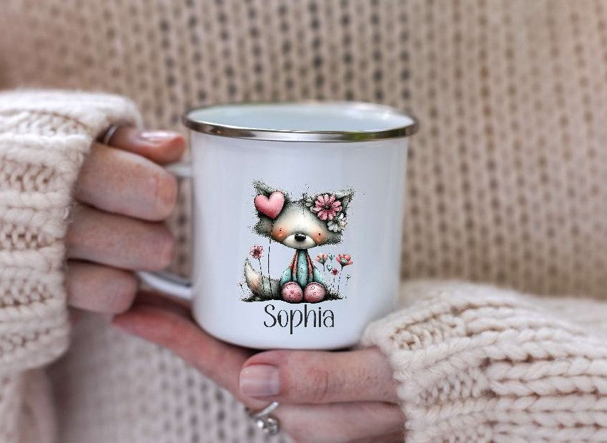 Kindertasse personalisiert mit Namen Fuchs Mädchen Emaille Keramik Kunststoff Geschenk - CreativMade 