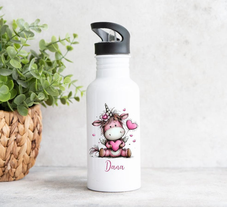 Personalisiertes Kinder Trinkflaschen- & Tassen-Set mit Namen Einhorn – Edelstahl Trinkflasche 500 ml für Schule & Kindergarten - CreativMade