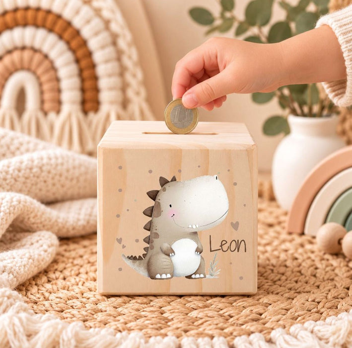 Personalisierte Kinder Spardose mit Namen Dinosaurier - Holzspardose für Kinder - CreativMade