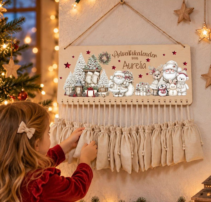 Personalisierter Adventskalender aus Holz mit Namen Wintertiere – zum Befüllen mit oder ohne Säckchen | CreativMade .
