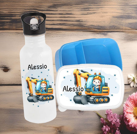 Set Brotdose und Trinkflasche personalisiert mit Namen Bagger Edelstahl 500ml Lunchbox Jungen - CreativMade