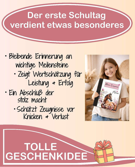 Personalisierte Zeugnismappe mit Namen Pferd – Mappe für Schulzeugnisse A4 | Geschenk zur Einschulung Mädchen - CreativMade