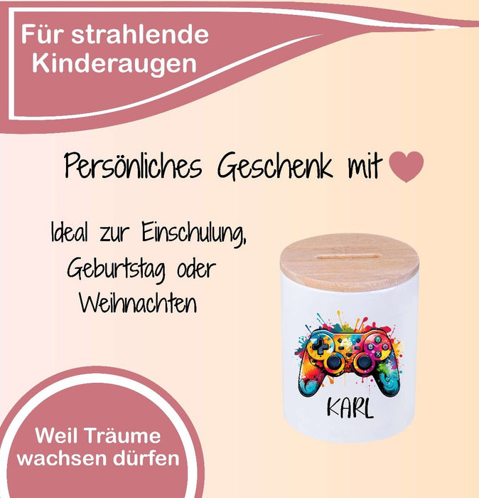Kinder Spardose mit Name Controller – Personalisierte Spardose für Kinder Keramik mit Bambusdeckel für Jungen | CreativMade .