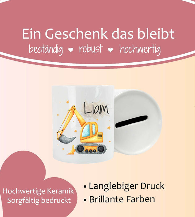 Personalisierte Kinderspardose mit Namen Radlader – Keramik Spardose zur Einschulung, Geburt oder Taufe - CreativMade