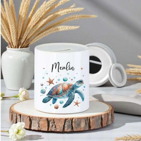 Personalisierte Kinderspardose mit Namen Schildkröte - Keramik Spardose zur Einschulung, Geburt oder Taufe - CreativMade