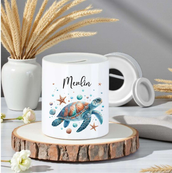 Personalisierte Kinderspardose mit Namen Schildkröte - Keramik Spardose zur Einschulung, Geburt oder Taufe - CreativMade