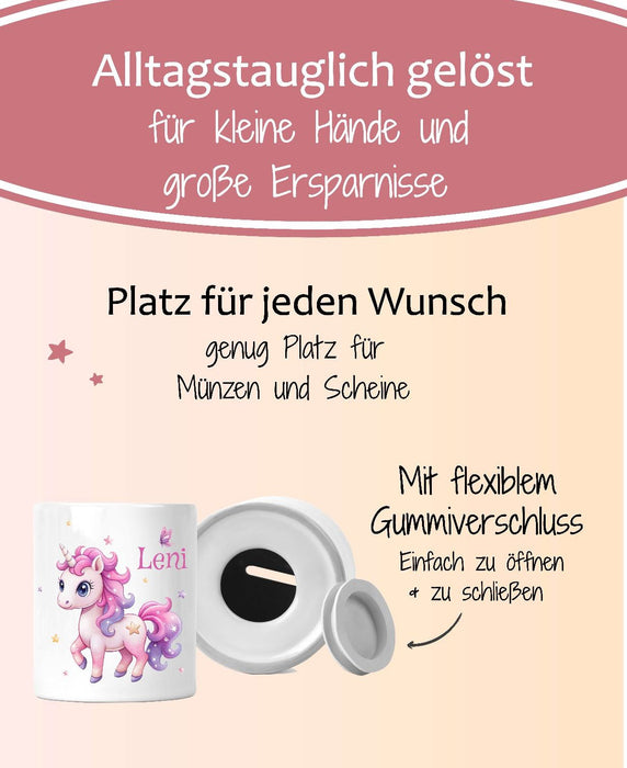 Personalisierte Kinderspardose mit Namen Pferd - Keramik Spardose zur Einschulung, Geburt oder Taufe - CreativMade