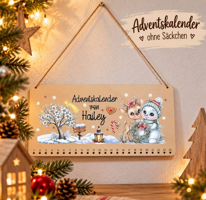 Personalisierter Adventskalender aus Holz mit Namen Reh & Schneemann für Mädchen – zum Befüllen mit oder ohne Säckchen