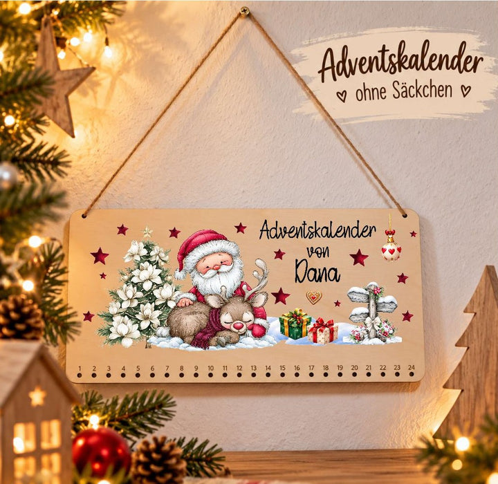 Personalisierter Adventskalender aus Holz mit Namen Weihnachtsmann für Mädchen – zum Befüllen mit oder ohne Säckchen | CreativMade .