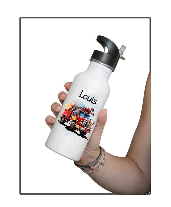 Personalisierte Trinkflasche Kinder Feuerwehrauto -  Edelstahl Trinkflasche mit Name - Strohhalm Geschenk Einschulung Geburtstag - CreativMade 