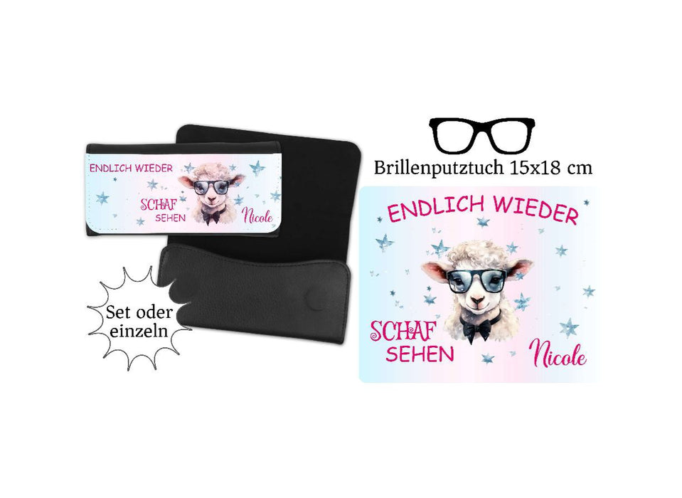 Brillenetui Damen personalisiert mit Name Set Brillenputztuch Etui Spruch lustig Endlich wieder Schaf sehen - CreativMade 