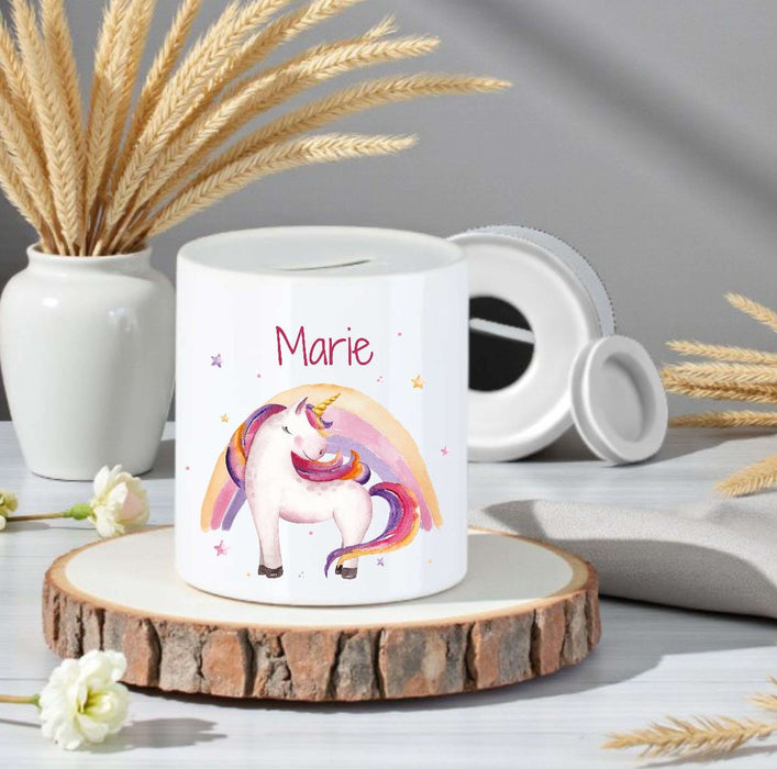 Personalisierte Kinderspardose mit Namen Einhorn Regenbogen - Keramik Spardose zur Einschulung, Geburt oder Taufe - CreativMade