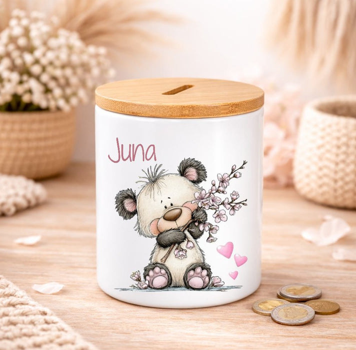 Kinder Spardose mit Name Tier-Motiv – Personalisierte Spardose für Kinder Keramik mit Bambusdeckel