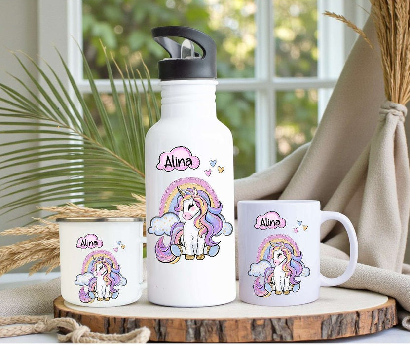 Personalisiertes Kinder Trinkflaschen- & Tassen-Set mit Namen Einhorn – Edelstahl Trinkflasche 500 ml für Schule & Kindergarten - CreativMade