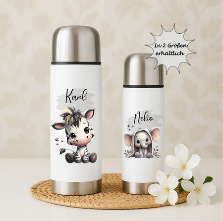 Thermoskanne personalisiert mit Namen Zebra oder Elefant Edelstahl Isolierflasche Thermoflasche Geschenkidee - CreativMade