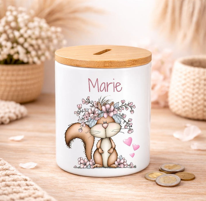 Kinder Spardose mit Name Tier-Motiv – Personalisierte Spardose für Kinder Keramik mit Bambusdeckel