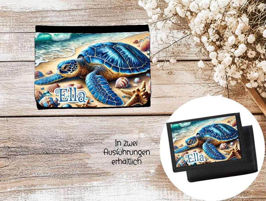 Kinder Geldbeutel personalisiert Schildkröte – Geldbörse mit Namen Klettverschluss oder Reißverschluss Porte­mon­naie - CreativMade