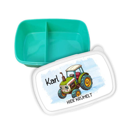 Brotdose Kinder personalisiert Traktor mit Name Junge Einschulung Vesperbox Fächer hier Krümelt - CreativMade 